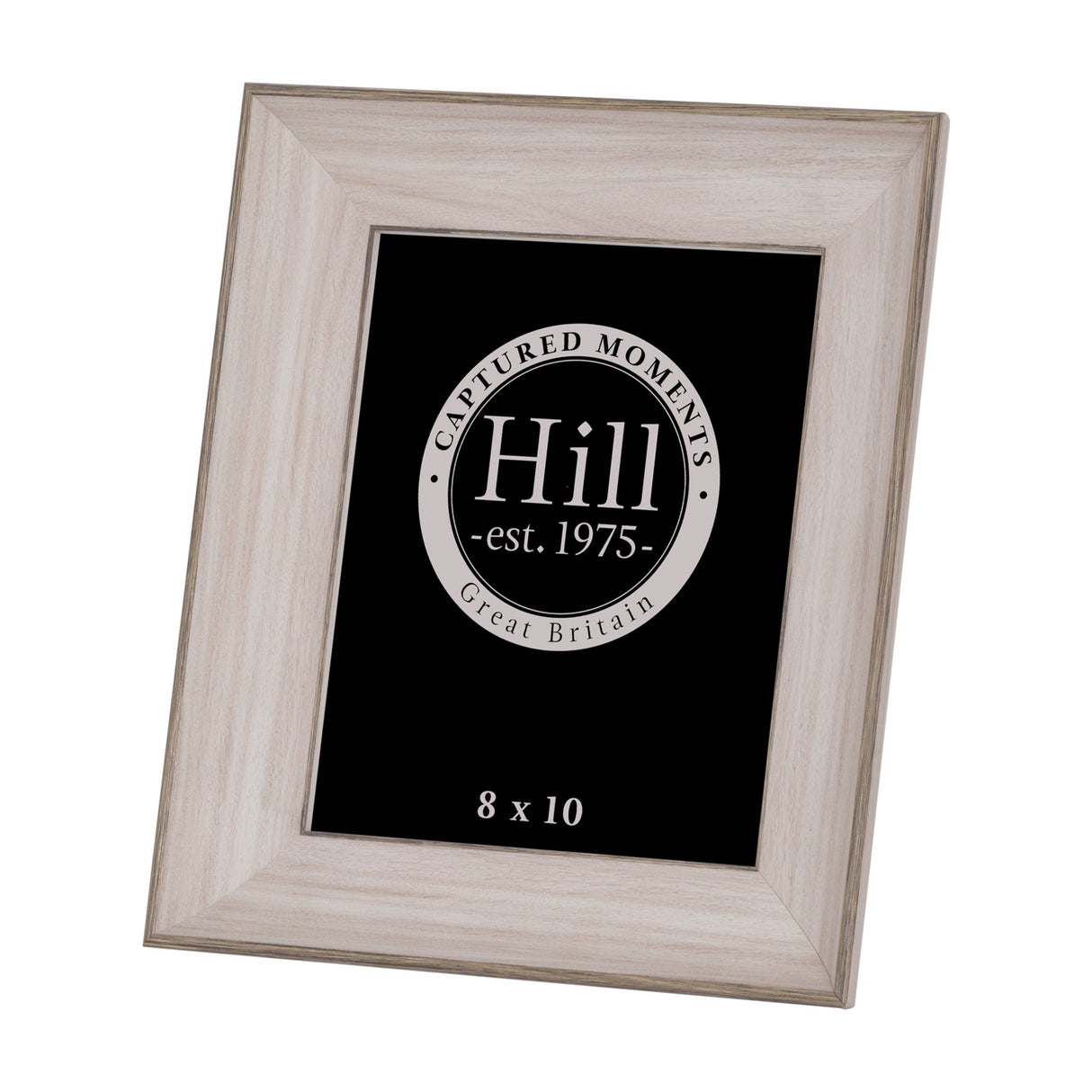 Hill Interiors white washed solid wood 8x10 photo frame with visible grain, shown at an angle on a plain white background.