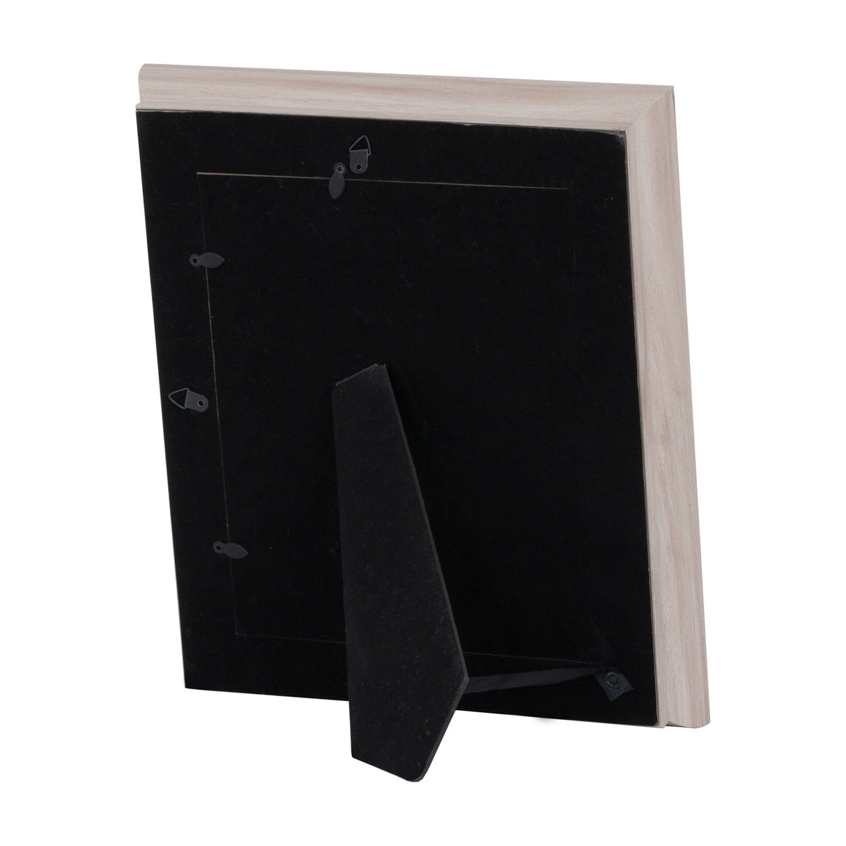 Back view of Hill Interiors White Washed Wood Photo Frame showing black backing board, hanging fixings and fold-out easel stand on a white background.