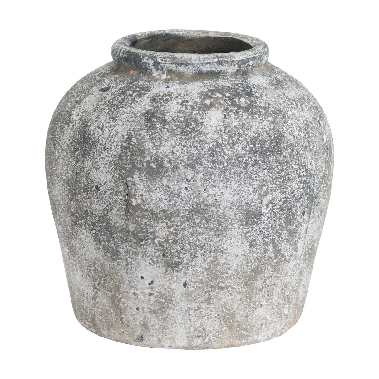 Hill Interiors Aged Stone Ceramic Vase in beige with a rounded body, tapered neck, and mottled matte stone-effect finish on a white background.