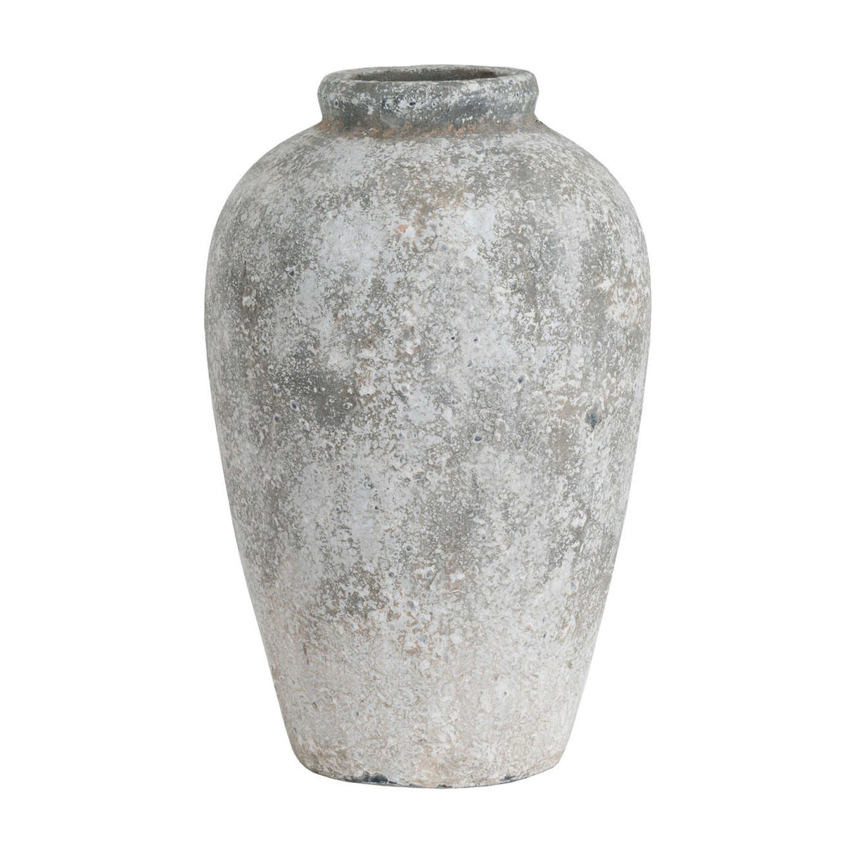 Hill Interiors tall ceramic vase in beige with an aged stone finish, rounded body tapering to a short neck, shown on a plain white background.