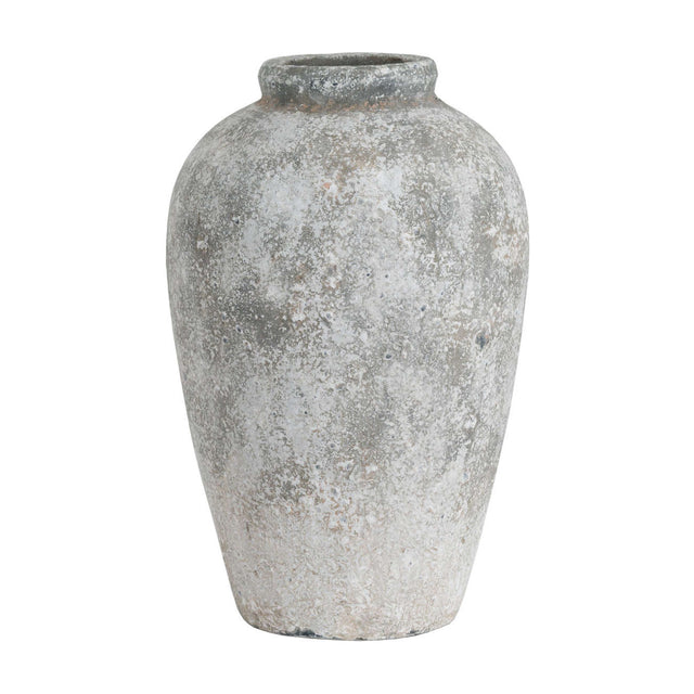 Hill Interiors tall ceramic vase in beige with an aged stone finish, rounded body tapering to a short neck, shown on a plain white background.