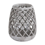 Hill Interiors large conical ceramic hurricane lantern in beige with a pierced lattice body and inner glass cup, shown on a plain white background.