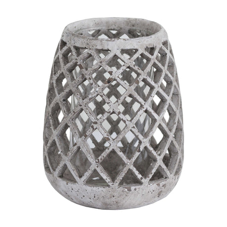 Hill Interiors large conical ceramic hurricane lantern in beige with a pierced lattice body and inner glass cup, shown on a plain white background.