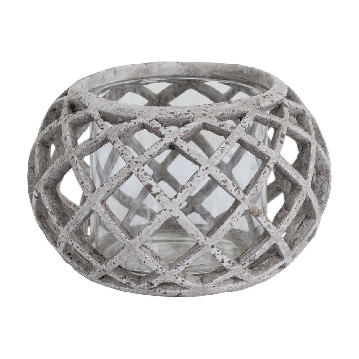 Hill Interiors round ceramic lattice hurricane lantern in beige with a glass insert, shown on a plain white background.