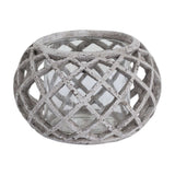 Hill Interiors round ceramic lattice hurricane lantern in beige with a glass insert, shown on a plain white background.