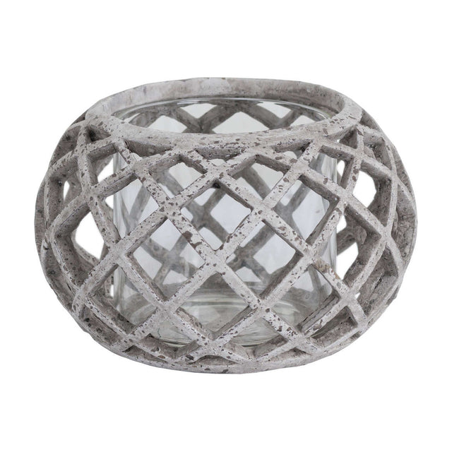 Hill Interiors round ceramic lattice hurricane lantern in beige with a glass insert, shown on a plain white background.