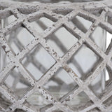 Close-up of the Hill Interiors Round Ceramic Lattice Hurricane Lantern in beige, showing the matte chalky glaze and diamond cut-out lattice pattern.