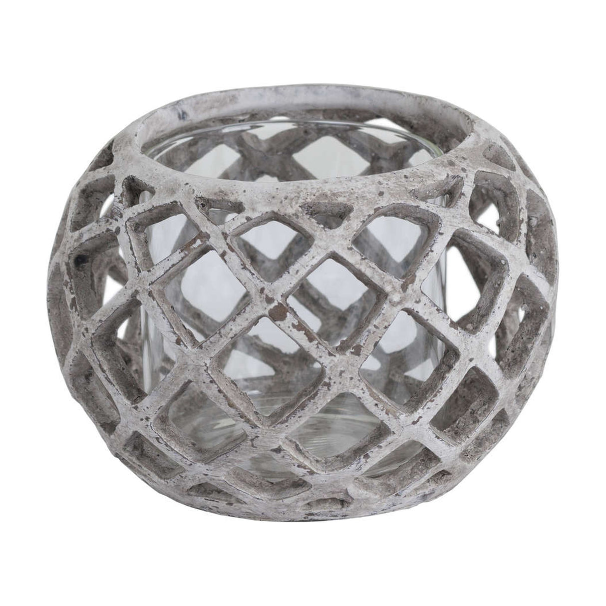 Hill Interiors Large Round Ceramic Lattice Hurricane Lantern in beige with a pierced diamond pattern and inner glass insert, on a white background.