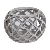 Hill Interiors Large Round Ceramic Lattice Hurricane Lantern in beige with a pierced diamond pattern and inner glass insert, on a white background.