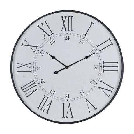 Hill Interiors Large Station Wall Clock in white with wooden frame, black Roman numerals, inner 24-hour numbers and slim black hands on a plain background.