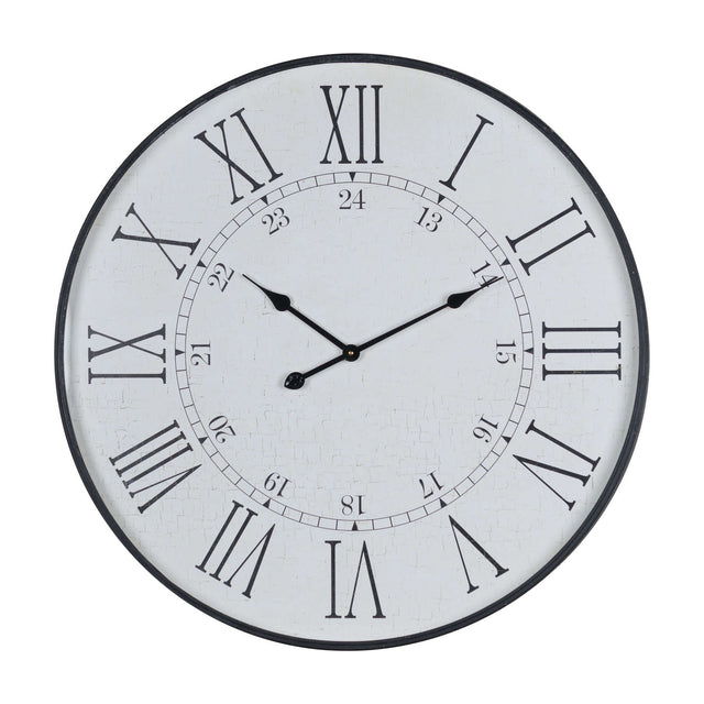 Hill Interiors Large Station Wall Clock in white with wooden frame, black Roman numerals, inner 24-hour numbers and slim black hands on a plain background.