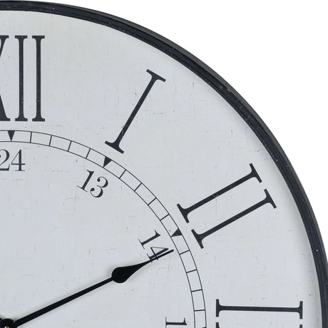 Close-up of Hill Interiors Large Station Wall Clock in white, showing bold black Roman numerals, inner 24-hour markings, slim hands and a black wooden frame.