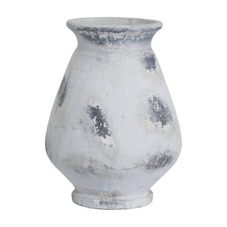Hill Interiors Large Antique White Ceramic Vase with a rounded body, tapered neck, and distressed chalky finish showing grey patches, on a white background.