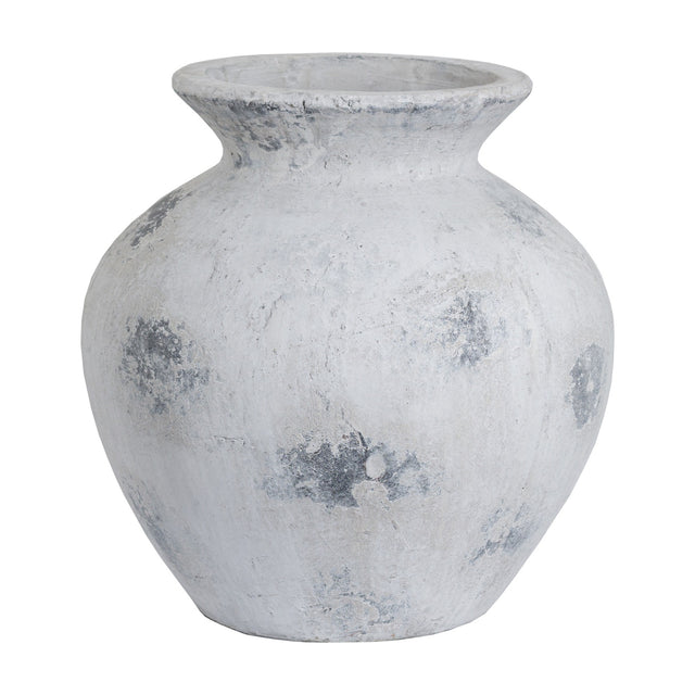 Hill Interiors Large Antique White Ceramic Vase with a rounded urn-shaped body, tapered neck and distressed matte finish, shown on a plain white background.