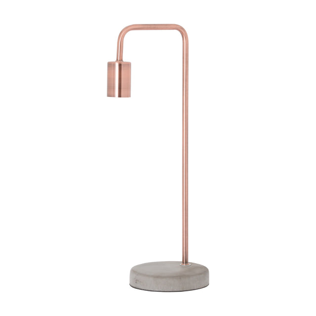 Hill Interiors copper industrial table lamp with a slim upright metal frame, exposed bulb holder and round stone base, shown on a plain white background.
