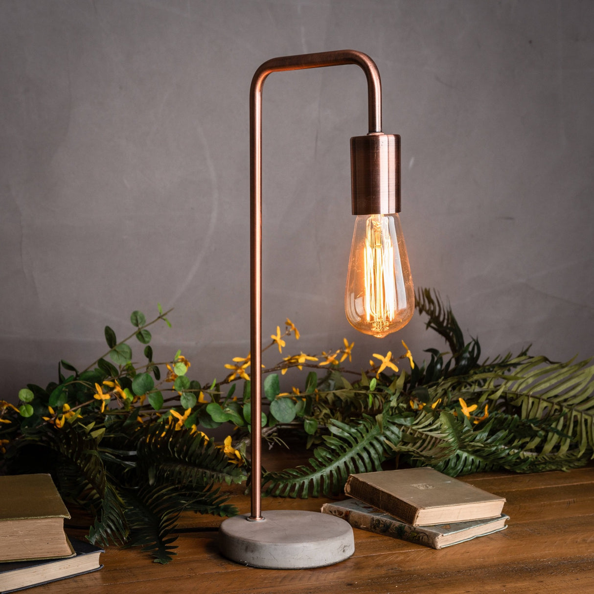 Hill Interiors copper industrial table lamp with an upright metal frame, exposed Edison bulb and round stone base, styled with books and foliage.