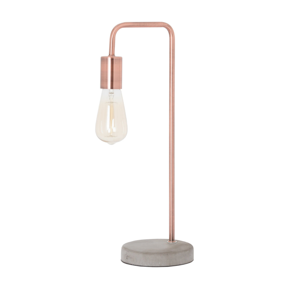 Hill Interiors Copper Industrial Table Lamp with exposed Edison bulb, arched copper metal frame and round stone base, shown on a plain white background.