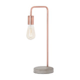 Hill Interiors Copper Industrial Table Lamp with exposed Edison bulb, arched copper metal frame and round stone base, shown on a plain white background.