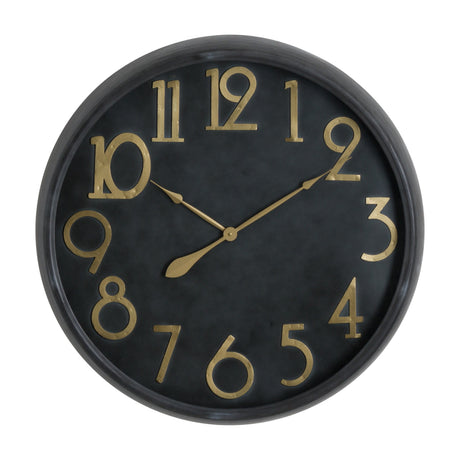 Hill Interiors Large Brass and Black Round Wall Clock with black face, gold brass numerals and slim hands beneath a glass lens, on a white background.