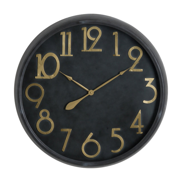 Hill Interiors Large Brass and Black Round Wall Clock with black face, gold brass numerals and slim hands beneath a glass lens, on a white background.