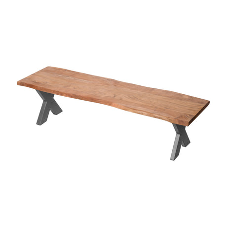 Hill Interiors Live Edge Wooden Bench in brown solid wood with natural curved edge and grey X-shaped metal legs, shown on a plain white background.