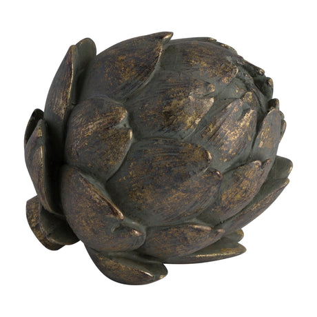Hill Interiors antique bronze artichoke ornament in resin with layered leaf detailing and aged gold-bronze finish, shown on a plain white background.