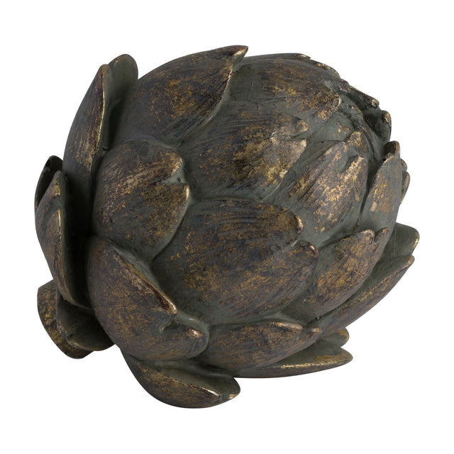 Hill Interiors antique bronze artichoke ornament in resin with layered leaf detailing and aged gold-bronze finish, shown on a plain white background.