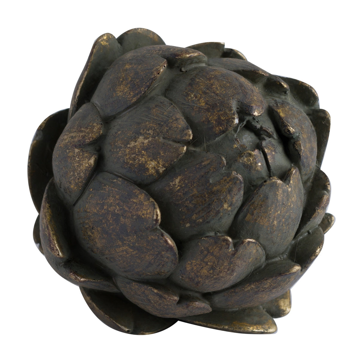 Hill Interiors antique bronze artichoke ornament in resin with layered leaf detail and aged metallic finish, shown on a plain white background.