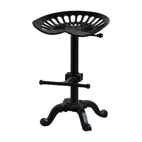 Hill Interiors adjustable metal tractor seat stool in black with a moulded tractor-style seat, height-adjustable post and four-legged cast base.