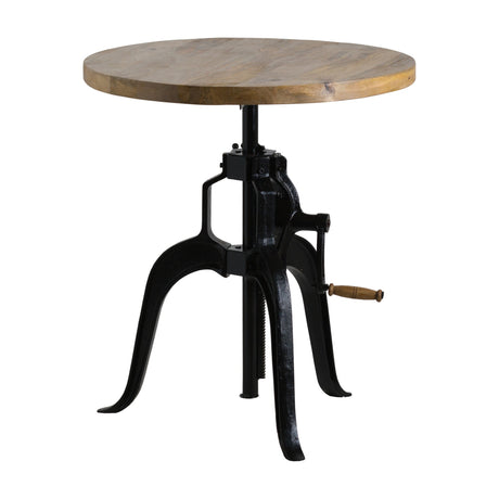 Hill Interiors Adjustable Height Bar Bistro Table with round brown wood top and black metal crank base on a plain white background.