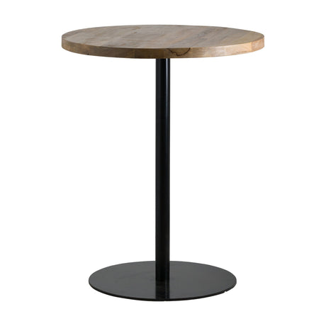 Hill Interiors hardwood bar table with round brown timber top and slim black metal pedestal on a circular base, shown on a plain white background.