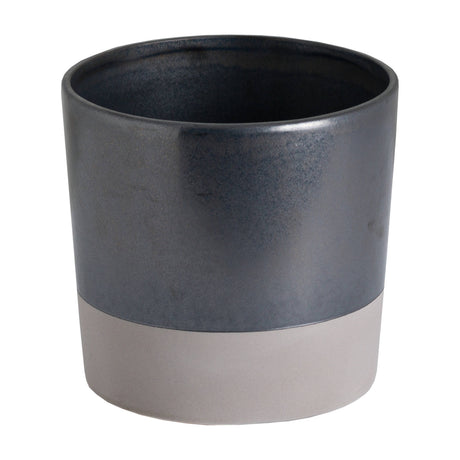 Hill Interiors Large Metallic Ceramic Serving Tray in grey, a cylindrical glazed vessel with dark metallic upper band and pale base, on a white background.