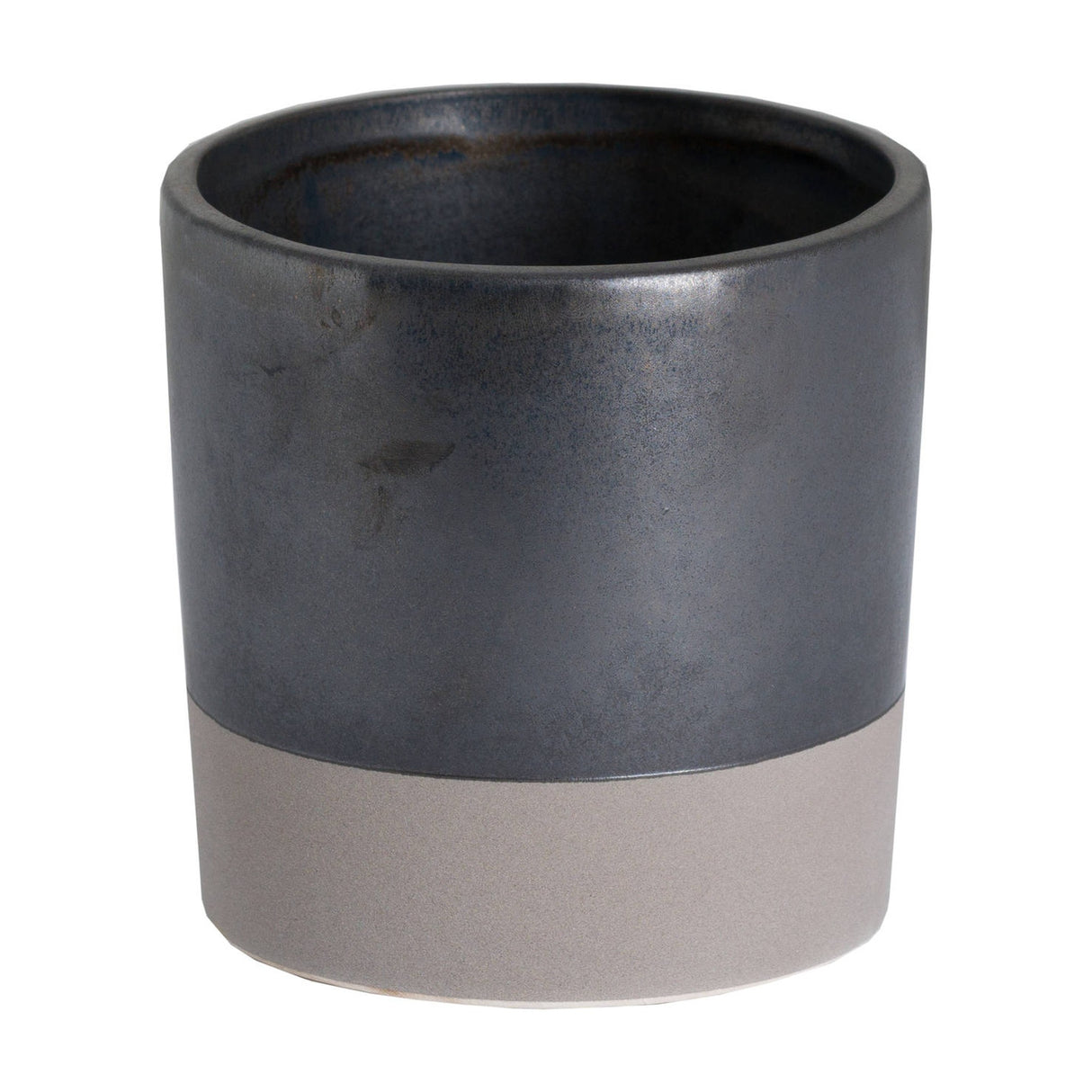 Hill Interiors Metallic Ceramic Serving Tray in grey, a small cylindrical pot with metallic dark glaze and unglazed pale base, on a white background.