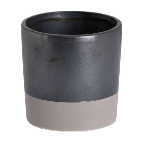 Hill Interiors Metallic Ceramic Serving Tray in grey, a small cylindrical pot with metallic dark glaze and unglazed pale base, on a white background.