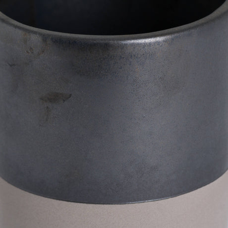 Close-up of Hill Interiors Metallic Ceramic Serving Tray in grey, showing its cylindrical form and mottled metallic glaze on a pale background.