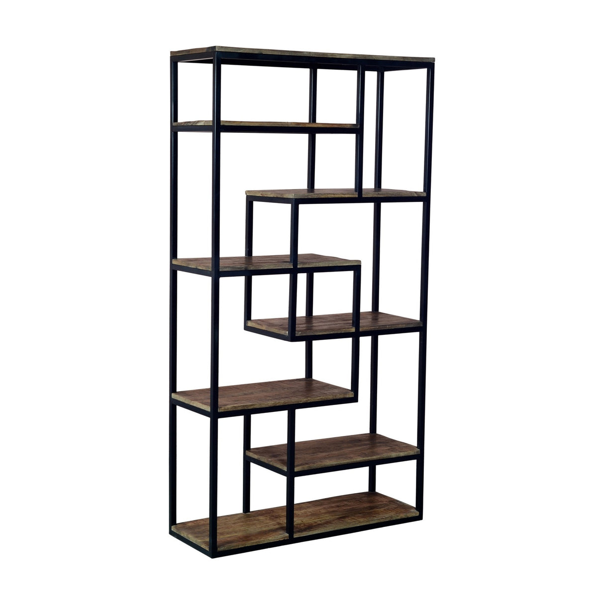 Hill Interiors Multi-Shelf Industrial Shelving Unit in brown with a tall black metal frame and staggered wooden shelves on a white background.