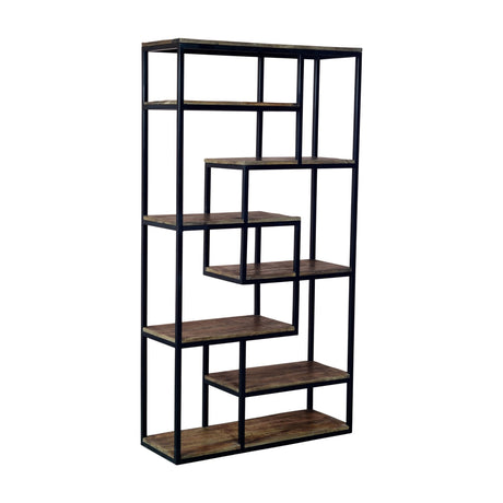 Hill Interiors Multi-Shelf Industrial Shelving Unit in brown with a tall black metal frame and staggered wooden shelves on a white background.