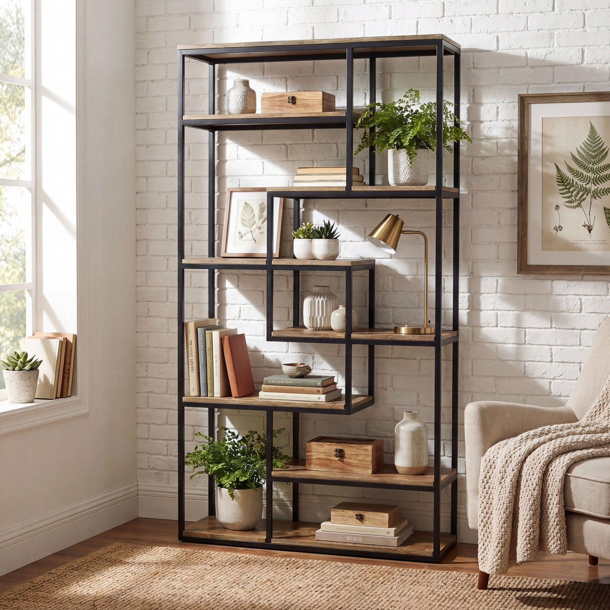 Hill Interiors Multi-Shelf Industrial Shelving Unit in brown with a black metal frame and staggered wood shelves, styled with books and plants by a brick wall.