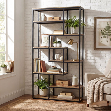 Hill Interiors Multi-Shelf Industrial Shelving Unit in brown with a black metal frame and staggered wood shelves, styled with books and plants by a brick wall.