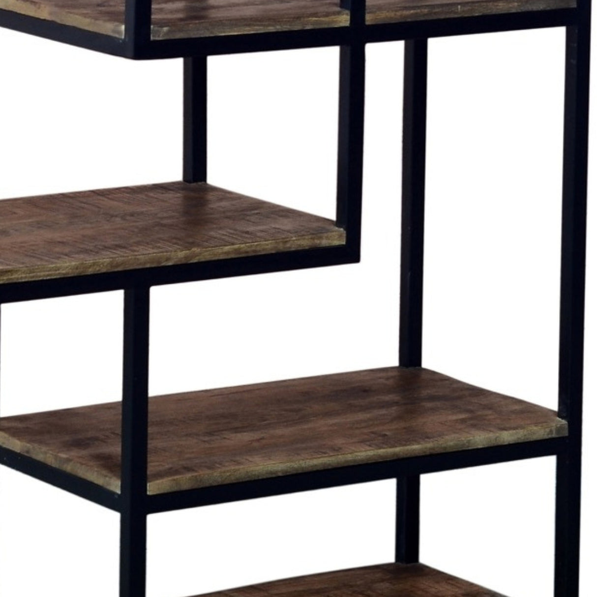 Close-up of Hill Interiors Multi-Shelf Industrial Shelving Unit in brown, with staggered wooden shelves in a black metal frame on a white background.
