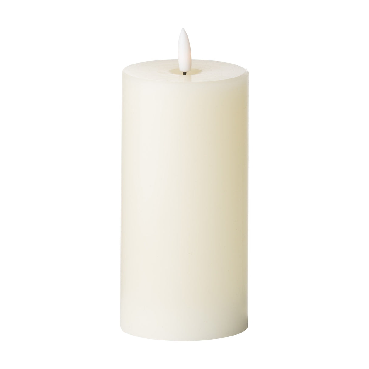 Hill Interiors LED pillar candle in cream wax effect with moulded top and steady flame-shaped LED tip, 15cm tall, shown on a plain white background.