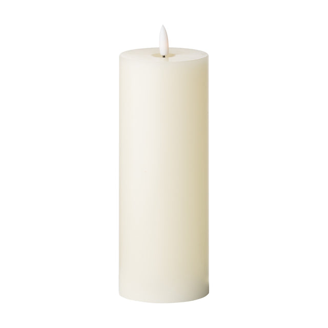 Hill Interiors LED cream wax pillar candle, 20cm tall with a flickering flame tip, shown on a plain white background from the set of three.