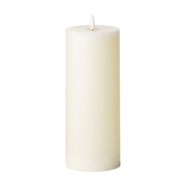 Hill Interiors LED cream wax pillar candle, 23x9cm, with smooth beige finish and moulded flame tip, shown against a plain white background.