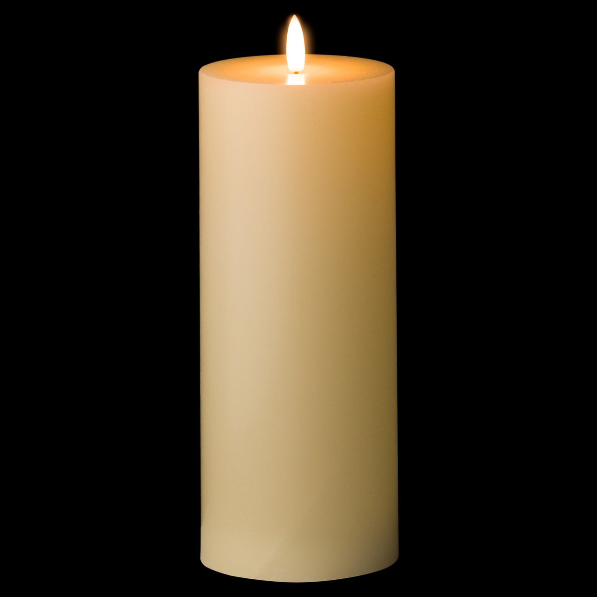 Hill Interiors LED cream wax pillar candle, 23x9cm beige church-style pillar with realistic flickering flame, shown against a black background.