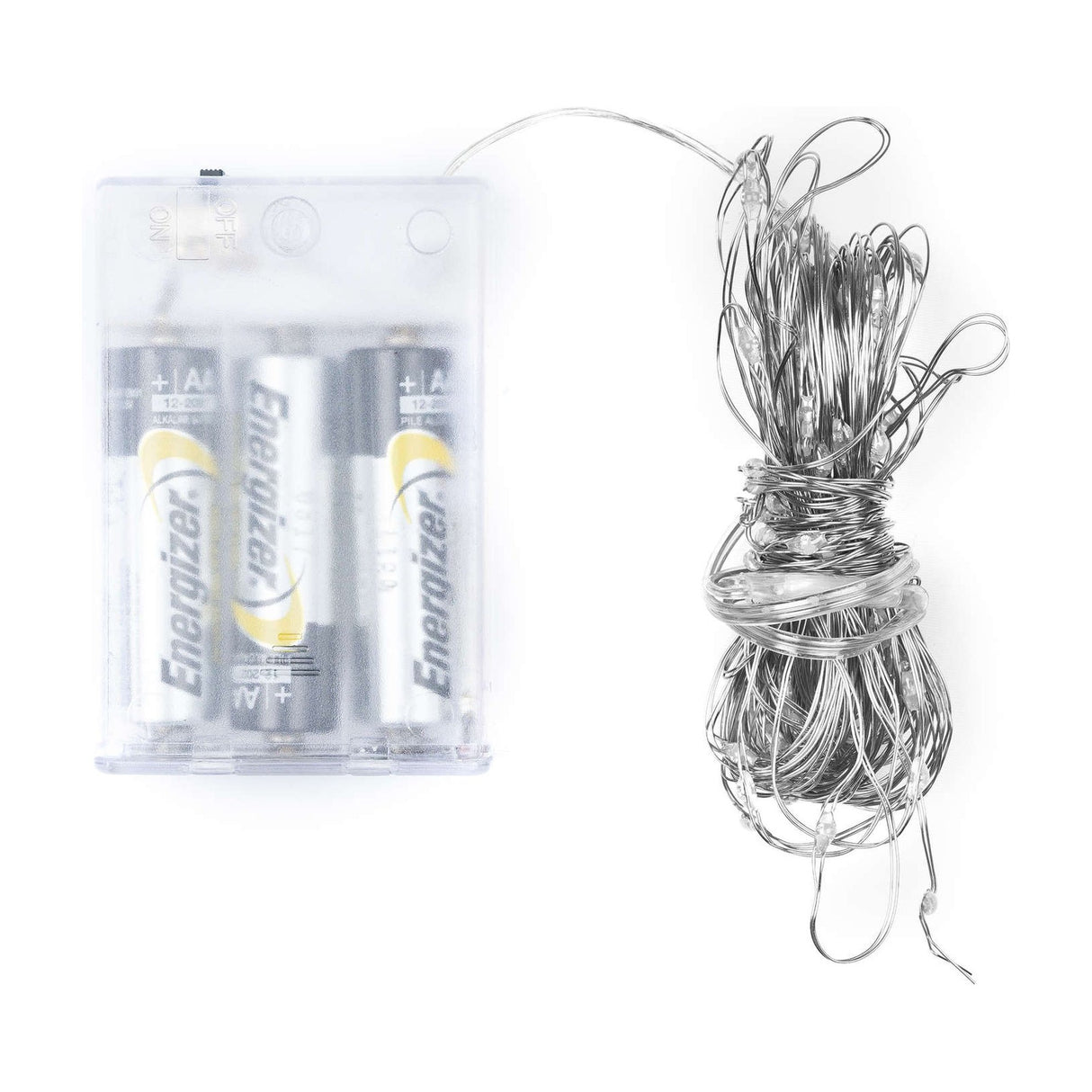 Hill Interiors 100 LED battery micro string lights coiled on a fine silver wire beside a transparent three-AA battery pack on a white background.