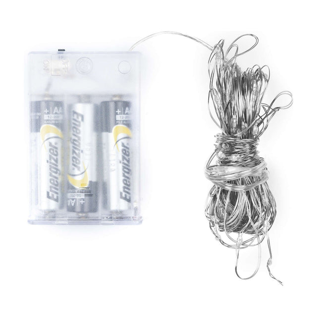 Hill Interiors 100 LED battery micro string lights coiled on a fine silver wire beside a transparent three-AA battery pack on a white background.