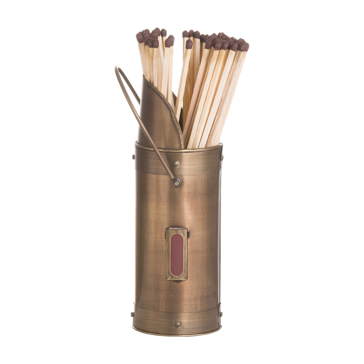 Hill Interiors antique bronze matchstick holder, a cylindrical wooden vessel with aged patina, striker panel, and long matches, on a white background.