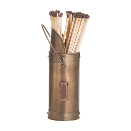 Hill Interiors antique bronze matchstick holder, a cylindrical wooden vessel with aged patina, striker panel, and long matches, on a white background.