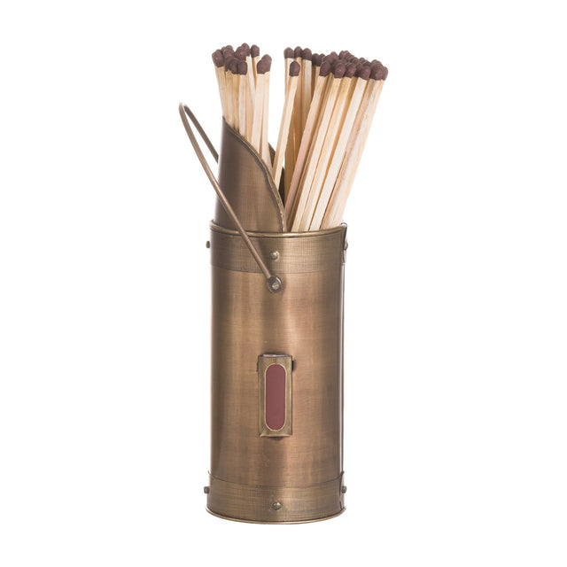Hill Interiors antique bronze matchstick holder, a cylindrical wooden vessel with aged patina, striker panel, and long matches, on a white background.