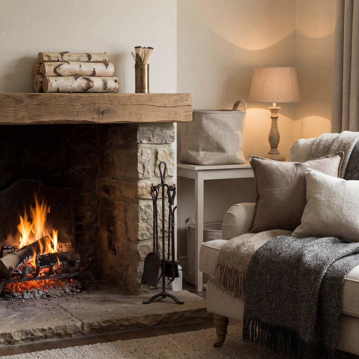Hill Interiors antique bronze matchstick holder filled with long matches on a rustic wooden mantel beside stacked birch logs above a lit stone fireplace.
